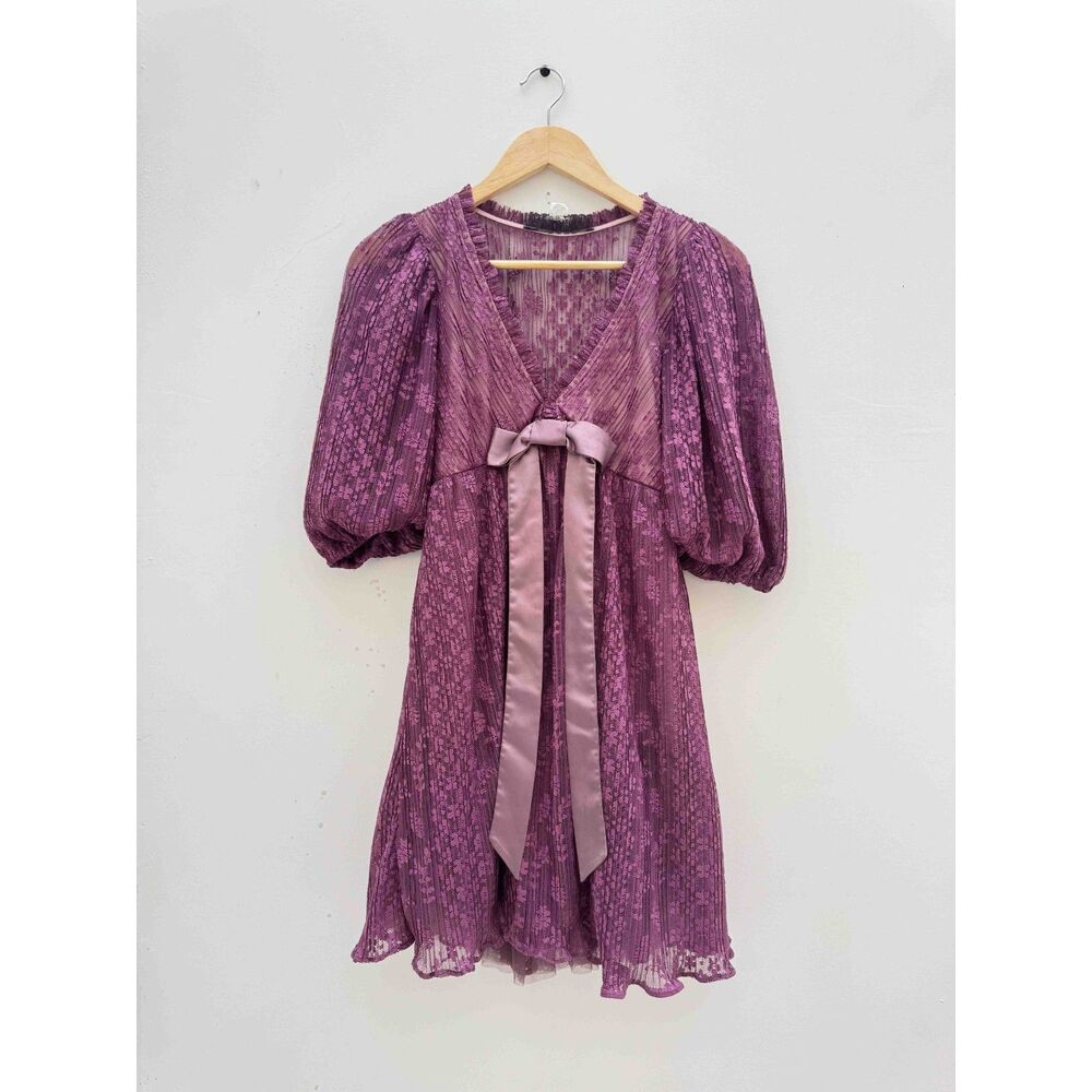 Kimchi Blue M Purple Lace Babydoll Dress Satin Bow Puff Sleeve Romantic